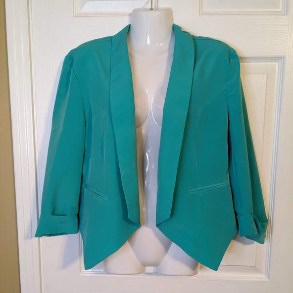 Poof Couture Spring Green Open Front Ladder Cut Out Back Blazer - size L - Picture 2 of 10